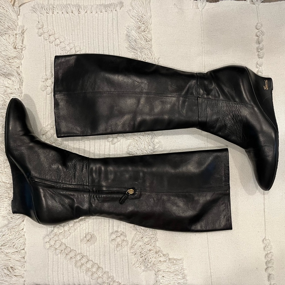 RARE Gucci Designer Black Leather Knee High Wedge Luxury Boots Size 40 - Picture 3 of 15